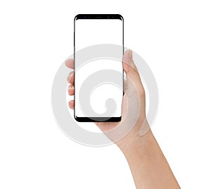 Close-up hand touching phone mobile isolated on white, mock-up s