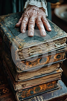 Close-up of a hand turning the pages of a vintage book