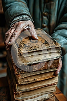 Close-up of a hand turning the pages of a vintage book