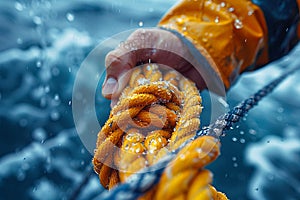 Close-up of a hand tying a sailing knot representing skill