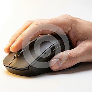 Person's hand using black wireless computer mouse, bright light
