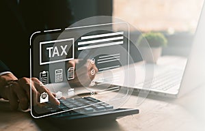 Close-up of hand using calculator with digital tax checklist interface, suitable for financial reports, income tax return, tax