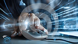 Close up of a hand using a computer mouse with futuristic digital interface overlay