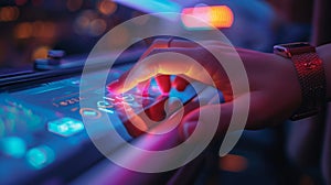 Close-up of a hand using a futuristic touchscreen device.