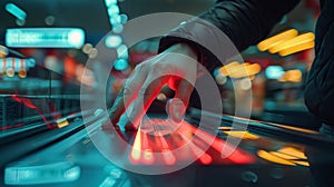 Close-up of a hand using a futuristic touchscreen panel.