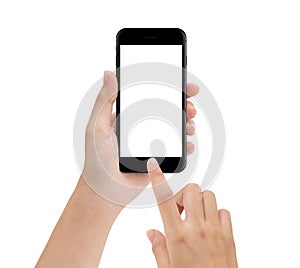 close-up hand using phone mobile isolated on white, mock up smartphone blank screen easy adjustment with clipping path