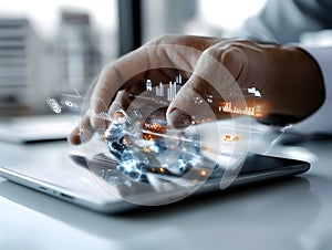 Hand interacting with futuristic holographic interface on a tablet showcasing global data, graphs, and analytics in a modern