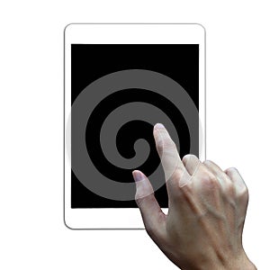 Close-up hand using tablet isolated on white background