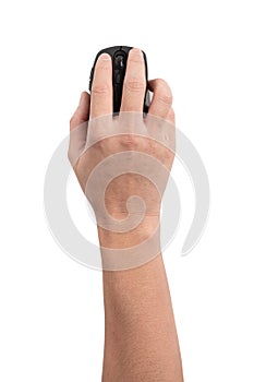 Close-up of hand using wireless computer mouse to find the necessary information