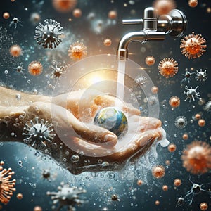 Close up of a hand washing with soap warm water