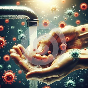 Close up of a hand washing with soap warm water