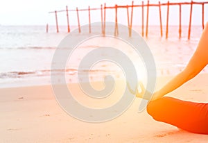 Close up hand. Woman do yoga outdoor.