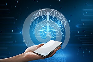 Close up of hand woman holding cellphone with glowing human brain hologram on blurry background. Neurology research and artificial