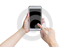Close up hand woman holding phone and touchscreen on isolated white with clipping path.