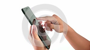 Close-up hand of woman using a touch screen on smartphone, isolated on white background.
