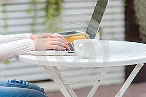 Close up hand women working on keyboard. Work space relaxing chill out work for office and design