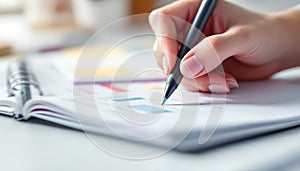 A close up of a hand writing in a notebook planner