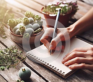 Close-up of hand writing on notebook, tablet in backyard generative ai art