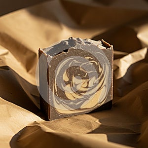 Close-up of a handcrafted soap bar with a swirled pattern of dark brown and cream