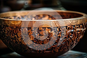 Close-up of a handcrafted timber bowl highlighting intricate carving details.. AI generated. photo