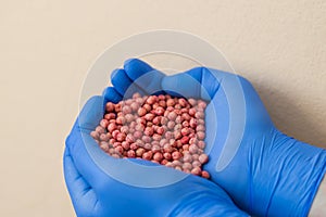 Close-up of a handful in the hands in the form of a heart etched soybean seeds