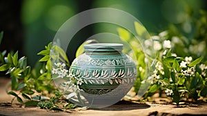 A close-up of a handmade ceramic pottery piece with intricate designs and glazes.