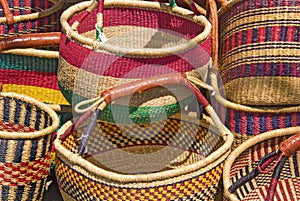 Close-up of handmade colorful woven baskets