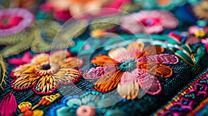Close-Up Handmade Embroidered Textile with Multicolored Flowers, Detailed Stitchwork, AI Generated