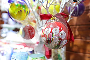 Close up of handmade painted ball to celebrate Christmas and happy new year.