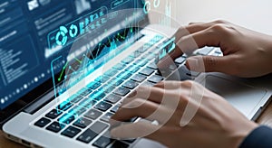 Hands typing on a laptop with glowing digital data on screen