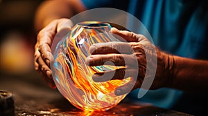 A close-up of hands artfully creating a delicate, handmade glass