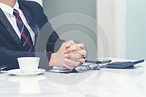 Close up of hands of business people during a meeting, success and start up new project in office.