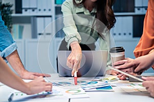 Close up hands of businessman and woman people group meeting in office. Employee brainstorm and work as team, plan and discuss