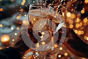 Close up of hands clinking glasses of sparkling wine with bokeh background