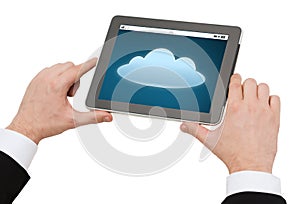Close up of hands with cloud icon on tablet pc