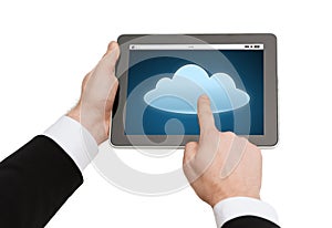 Close up of hands with cloud icon on tablet pc