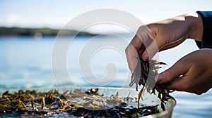 Close-up of hands collecting seaweed, with a clear blue ocean horizon in the background