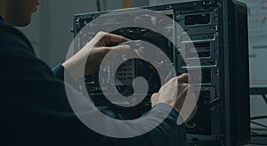 person assembling or repairing the inside of a desktop computer tower