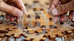 Close-up of hands connecting jigsaw puzzle pieces, symbolizing teamwork and collaboration