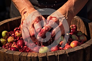 Close-up of hands crumpled in an antique wooden press filled with red and green apples