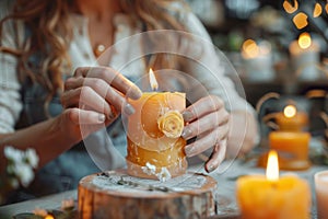 Close-up of hands decorating a lit candle with a floral design
