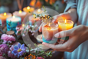 Close-up of hands decorating a lit candle with a floral design