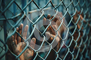 Close up of hands of desperate immigrant on chain link fence