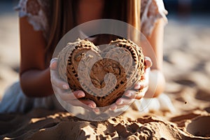 Close-up of hands drawing a heart in the sand - stock photography concepts