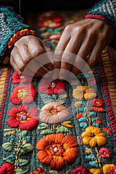 Close-up of hands embroidering colorful floral pattern on fabric