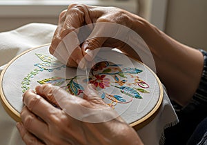 Hands embroidering detailed pattern