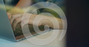 Close up hands engineers developing software app using digital laptop computer typing code on screen programmers coding