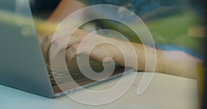 Close up hands engineers developing software app using digital laptop computer typing code on screen programmers coding