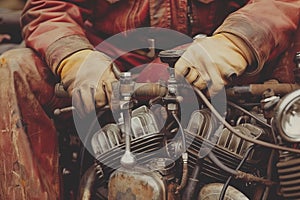 Close-up of hands fixing a motorcycle engine photo