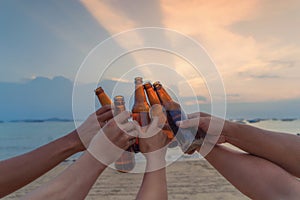 Close up of hands of friends clanging bottles of beer together and celebrating on holiday in party at the beach or sea in summer